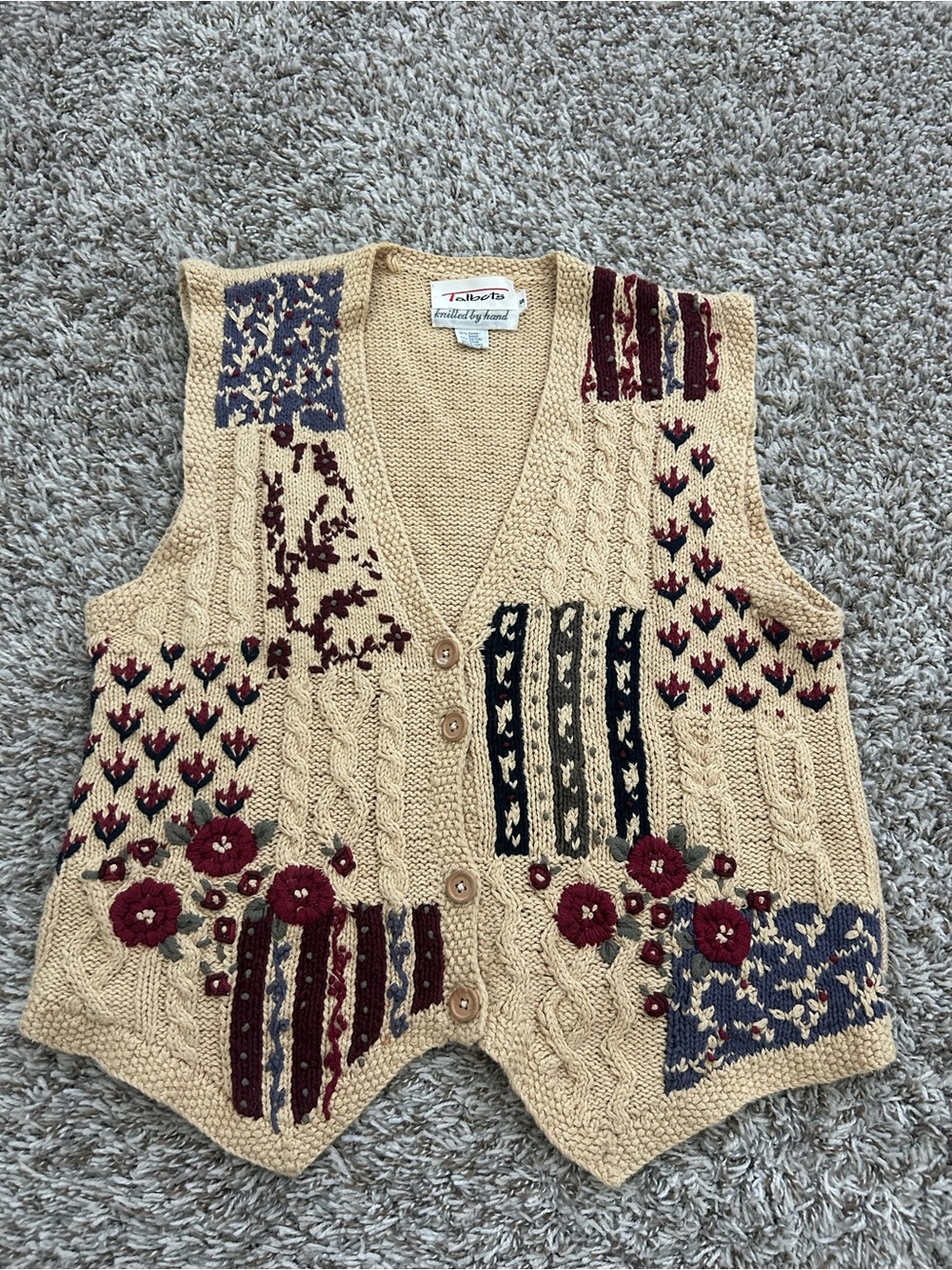 Talbots Hand Knit Cardigan Sweater Vest Beige Vintage Floral Cottagecore Small